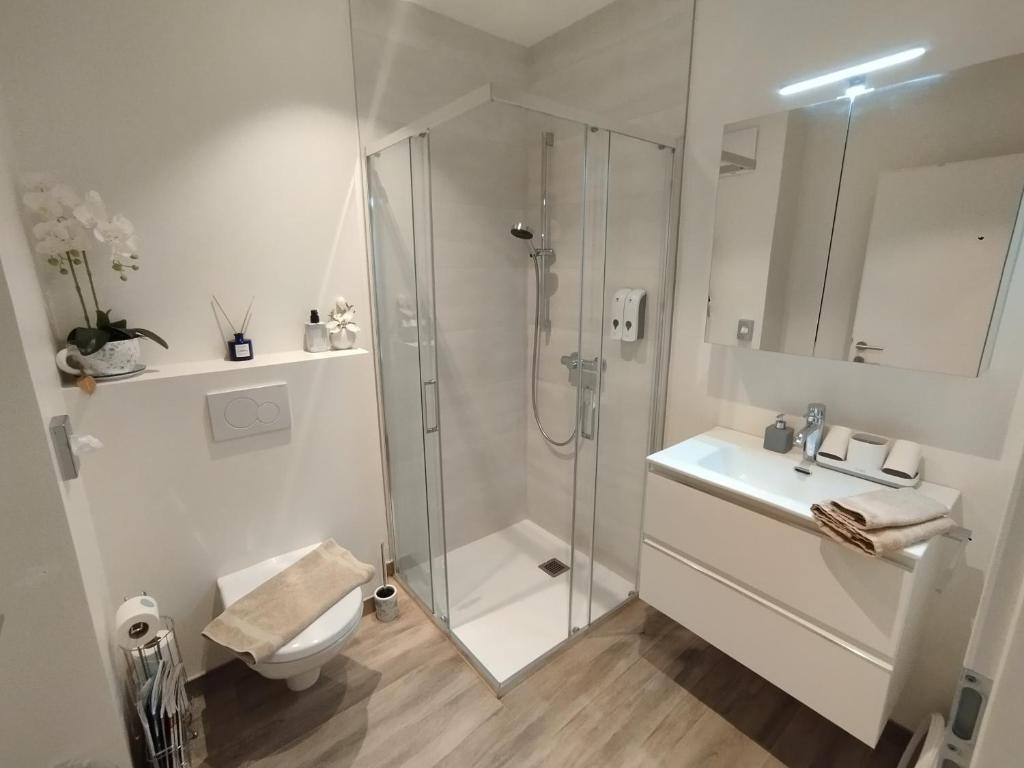 Modern walk-in shower and bright bathroom with washbasin