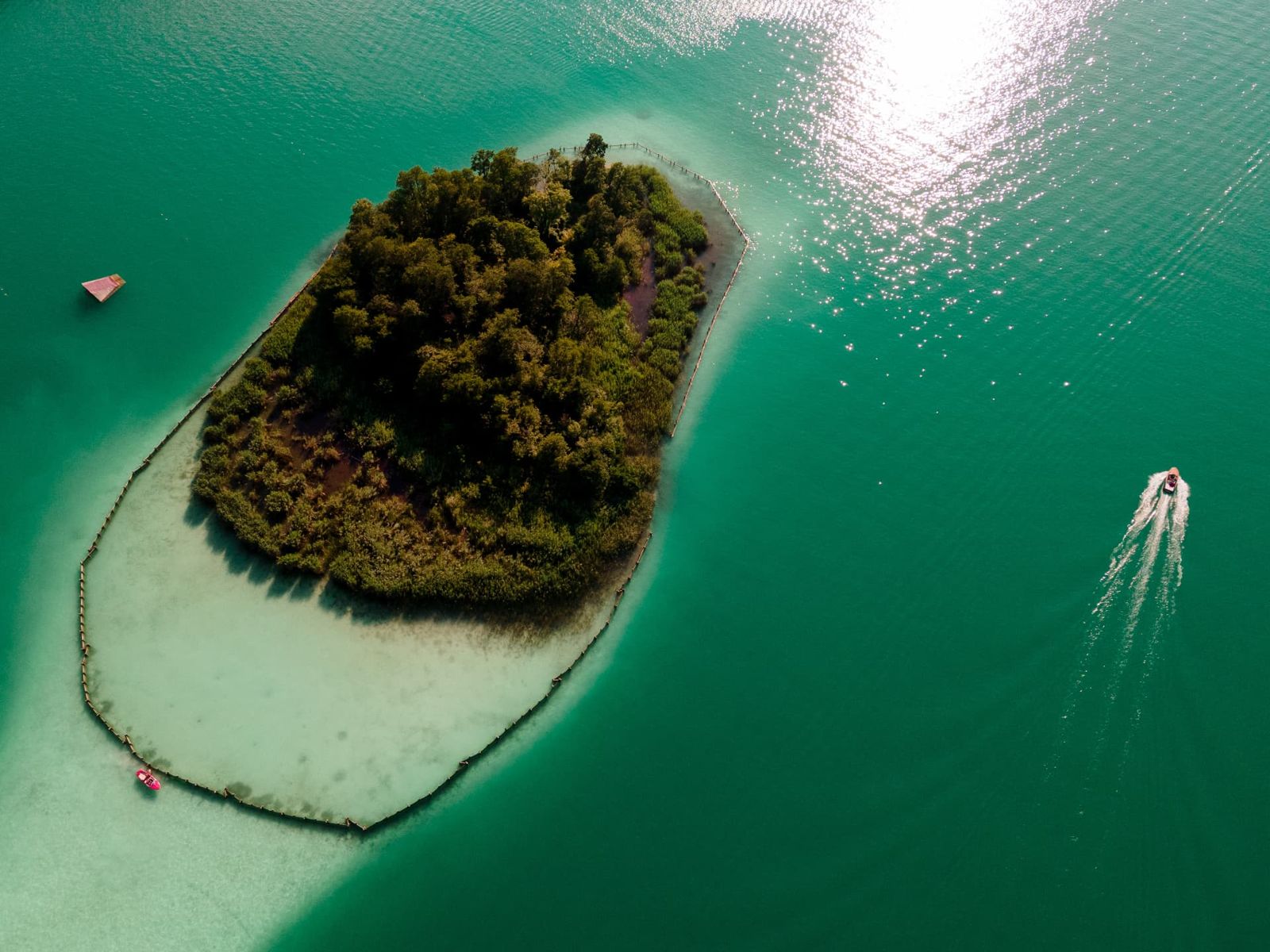 Aerial view of a small wooded island in shimmering turquoise water — summer on Lake Wörthersee