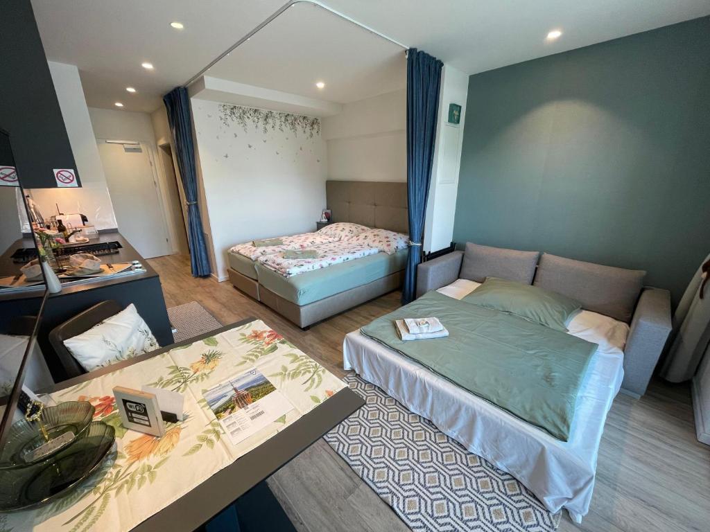 Open-plan studio with the sofa bed made up for extra guests