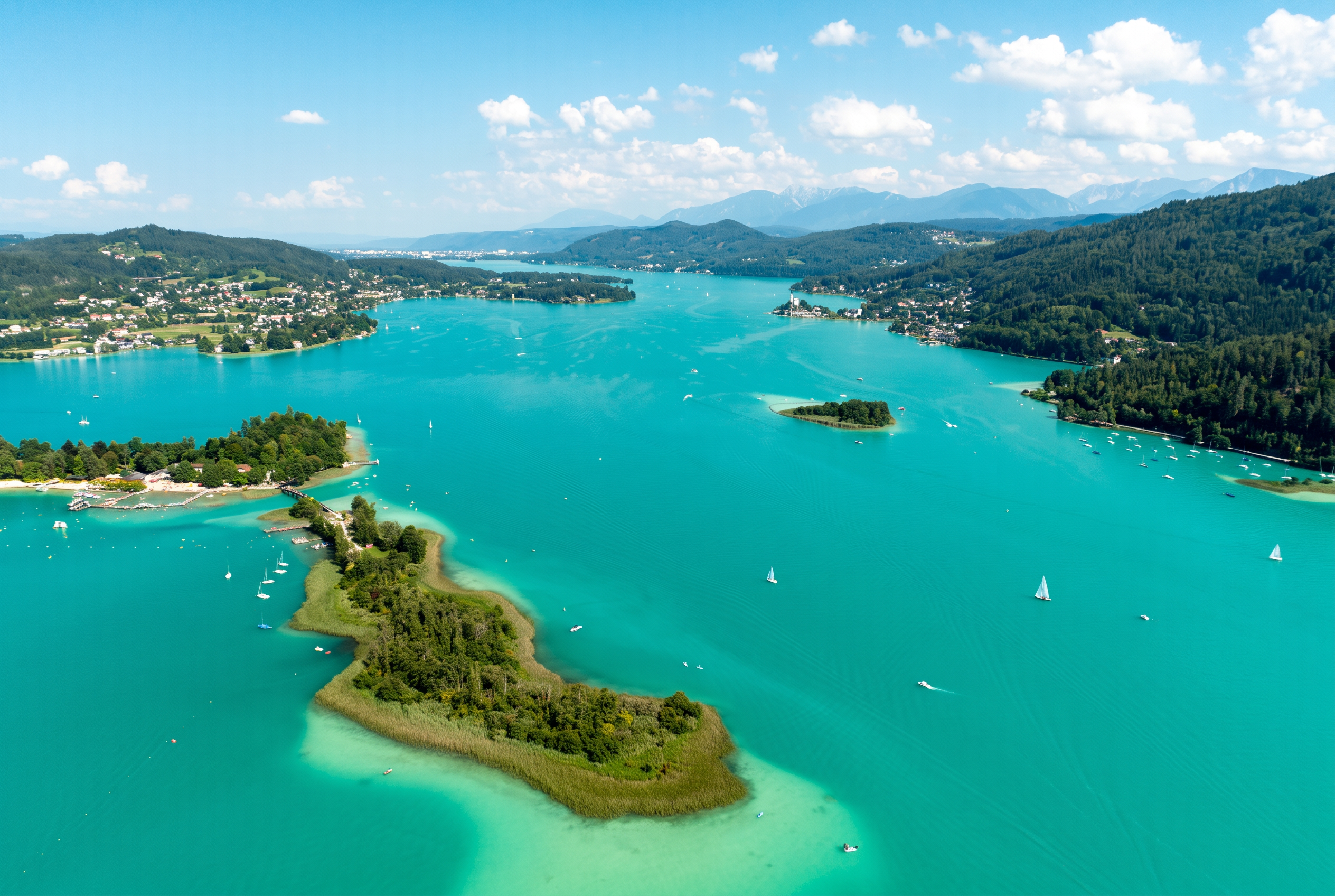 Aerial view of turquoise Lake Wörthersee at golden hour with forested shores and alpine peaks